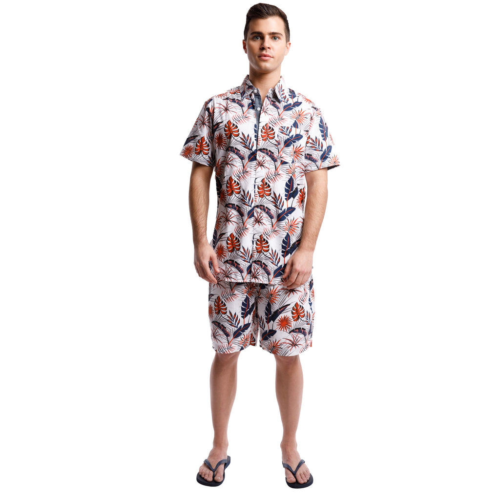 Printed Poplin Short Sleeve Button Up Shirt | Orange Tropical Leaves