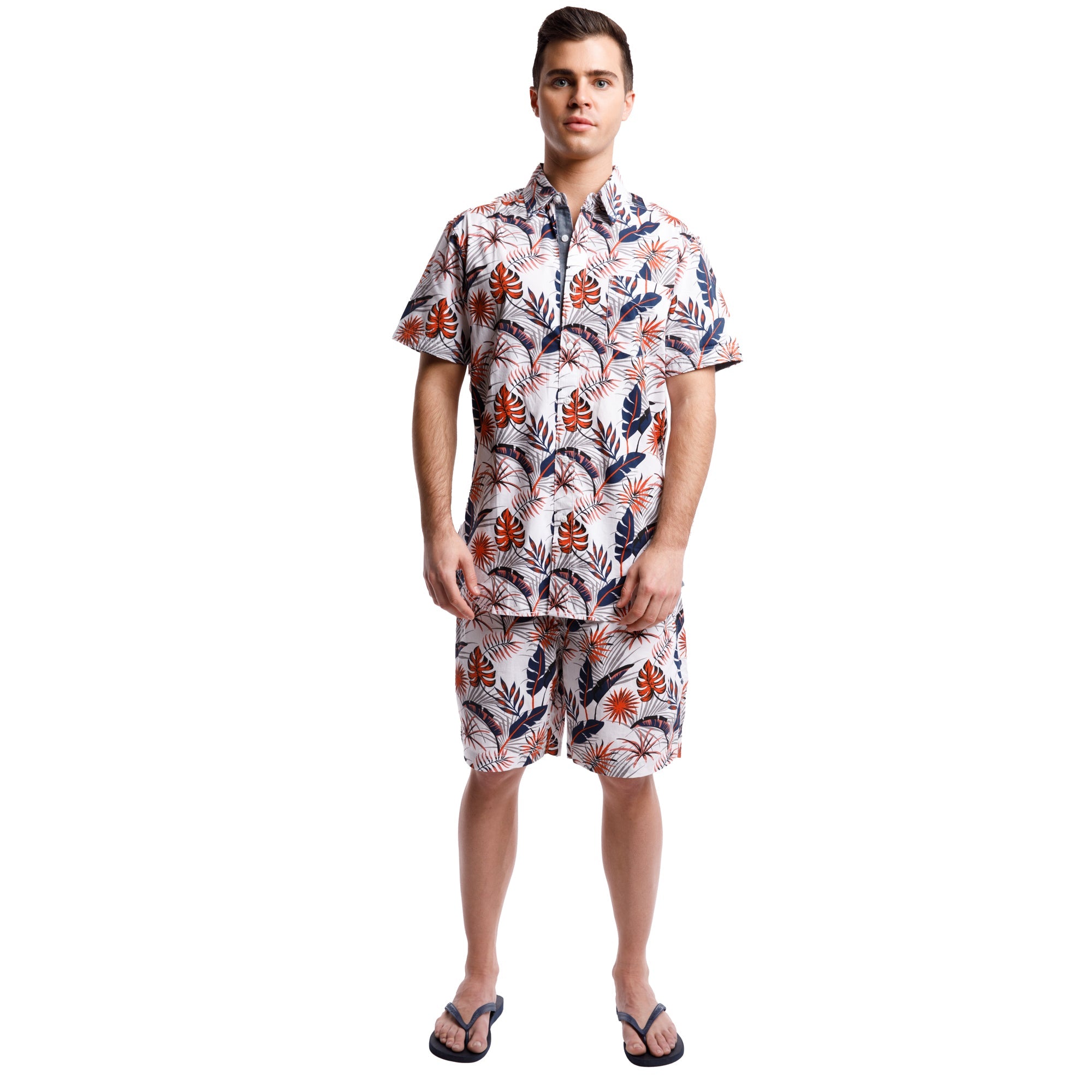 Printed Poplin Short Sleeve Button Up Shirt | Orange Tropical Leaves