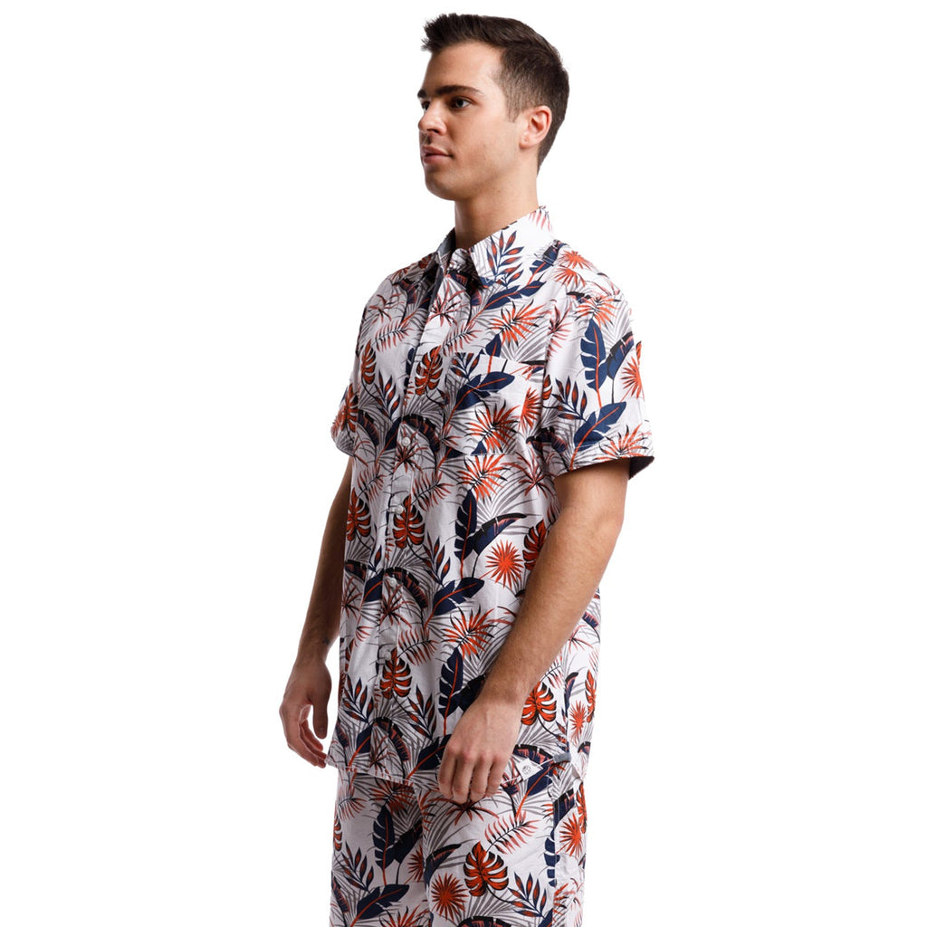 Printed Poplin Short Sleeve Button Up Shirt | Orange Tropical Leaves