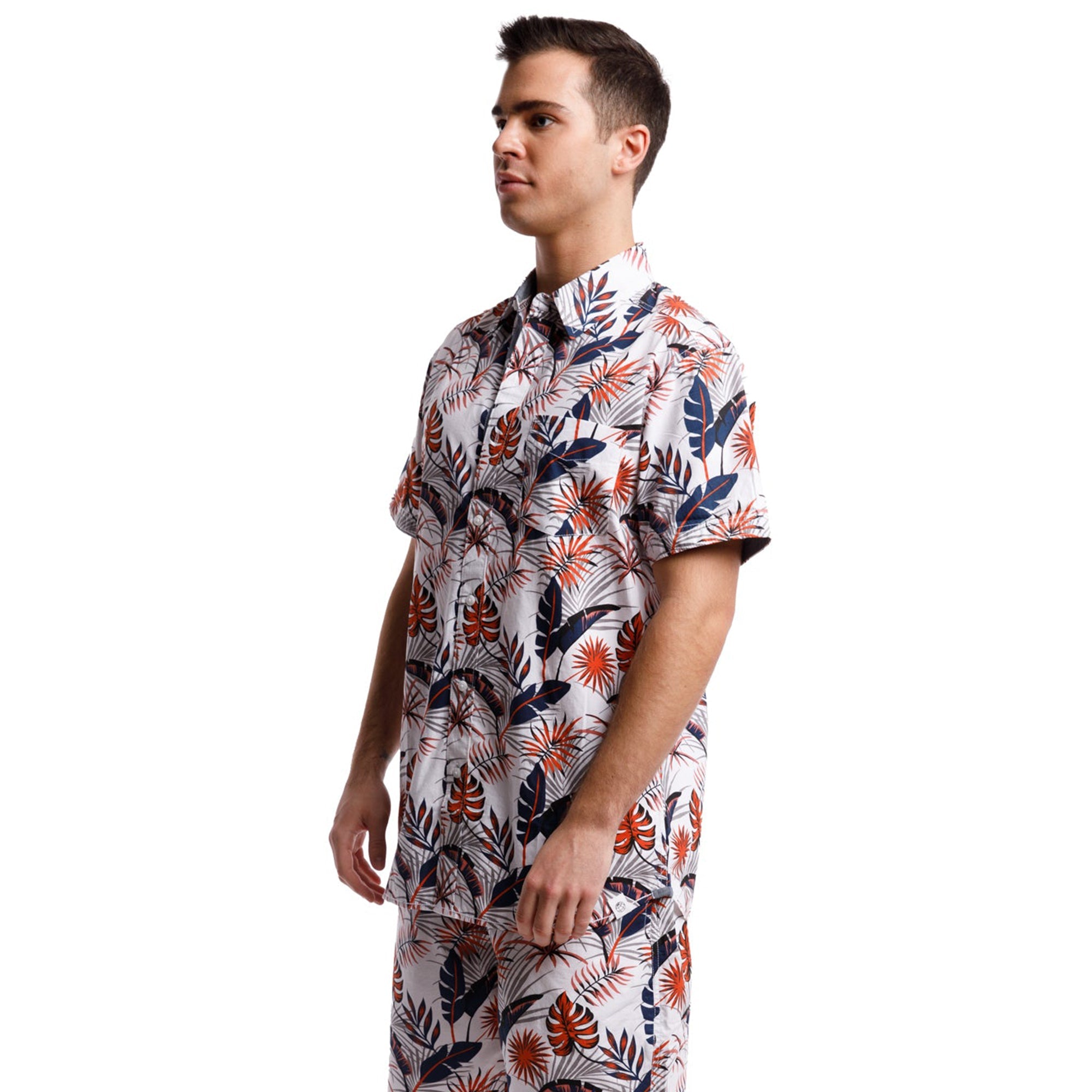 Printed Poplin Short Sleeve Button Up Shirt | Orange Tropical Leaves