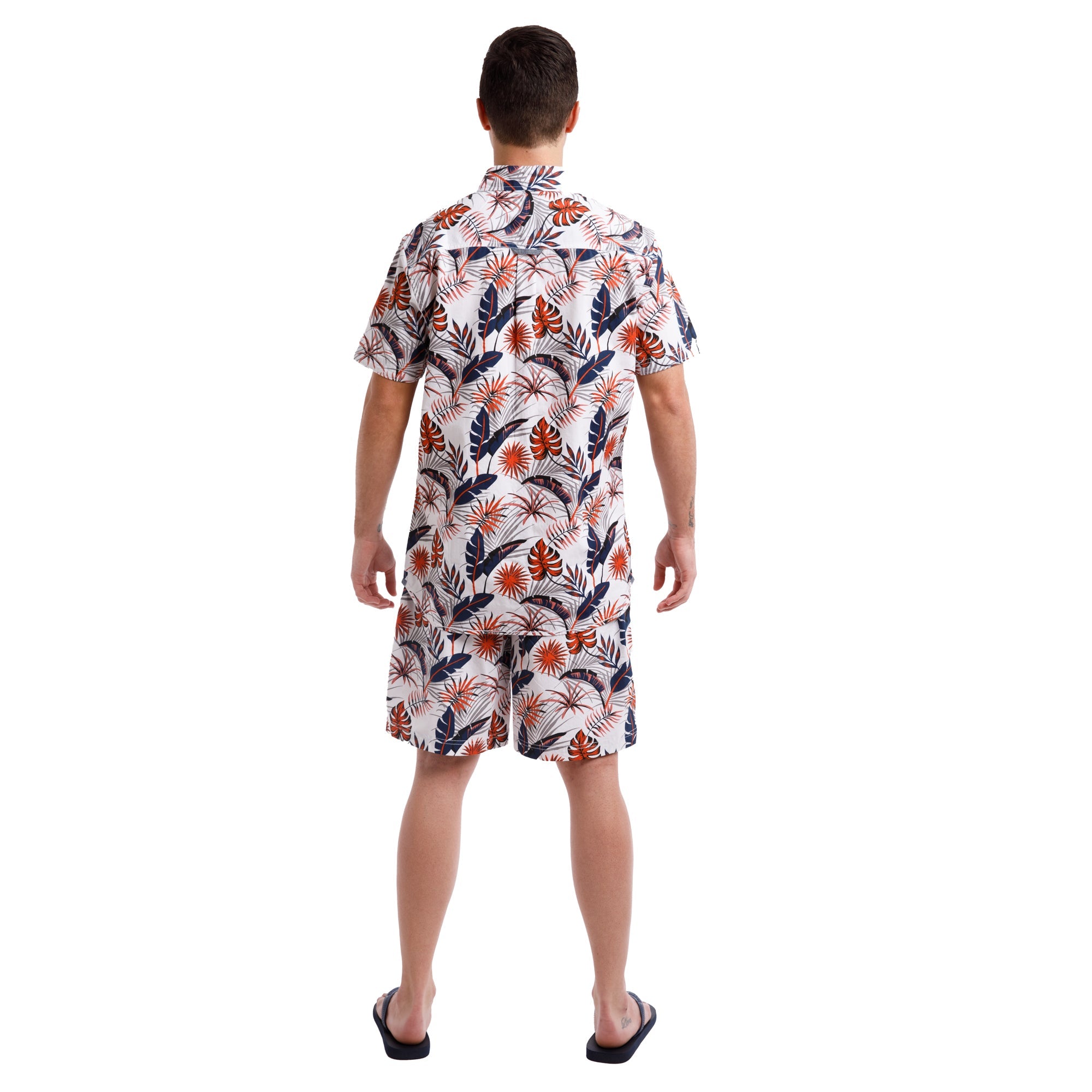 Printed Poplin Short Sleeve Button Up Shirt | Orange Tropical Leaves