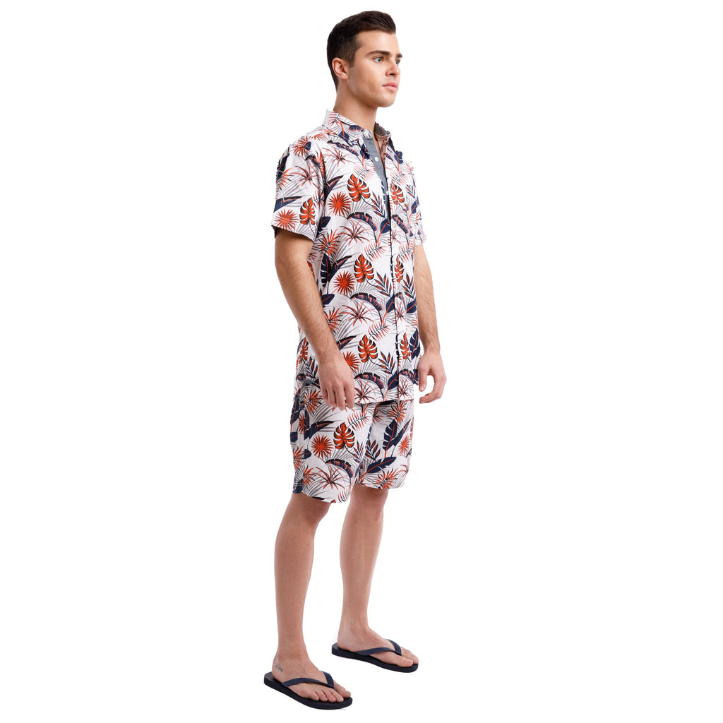Printed Poplin Short Sleeve Button Up Shirt | Orange Tropical Leaves