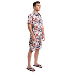 Printed Poplin Short Sleeve Button Up Shirt | Orange Tropical Leaves