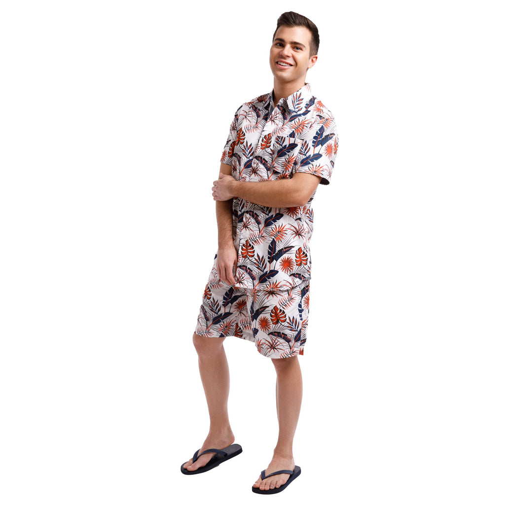 Printed Poplin Short Sleeve Button Up Shirt | Orange Tropical Leaves