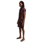 Printed Poplin Short Sleeve Button Up Shirt | Navy/Pink Leaves