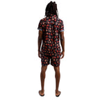 Printed Poplin Short Sleeve Button Up Shirt | Navy/Pink Leaves