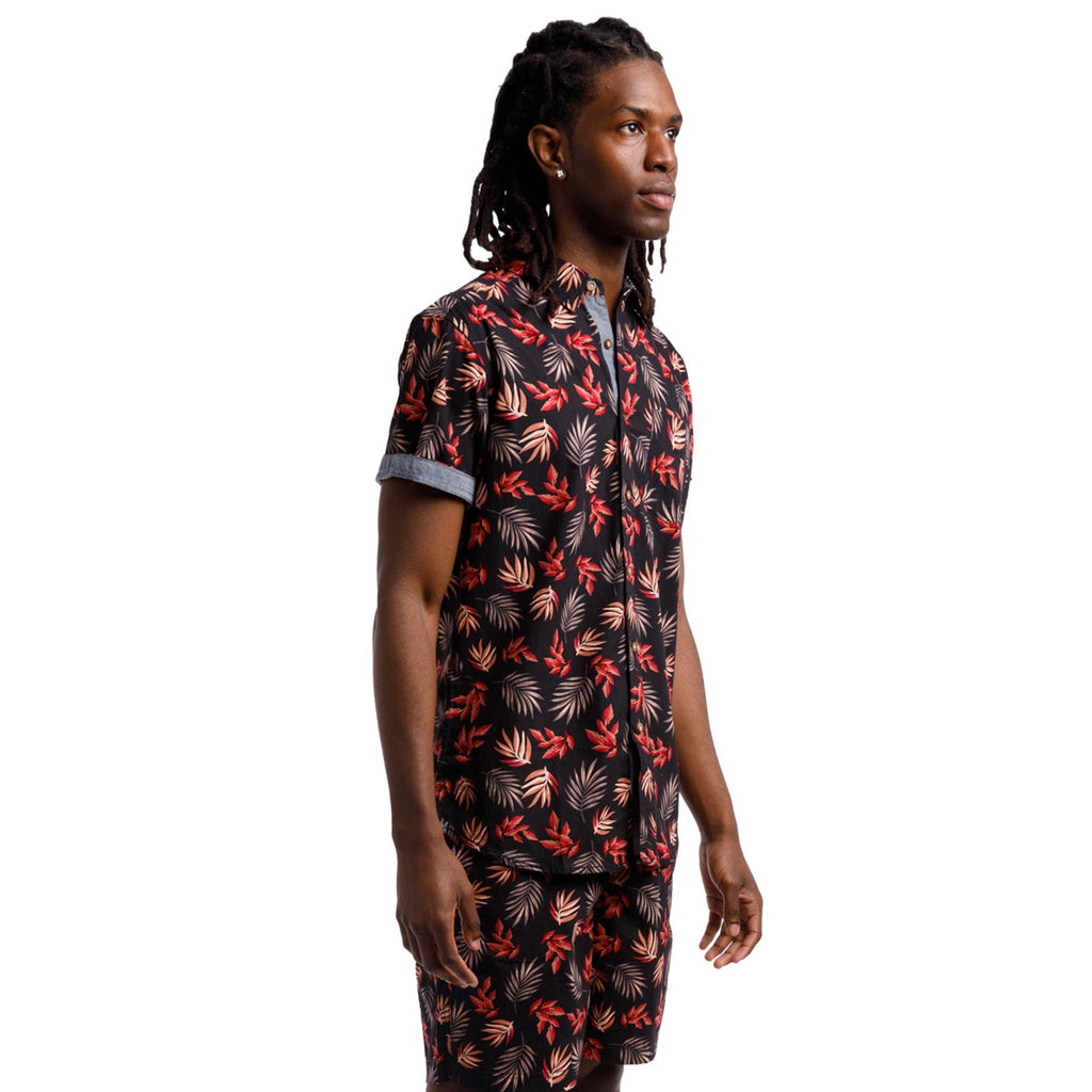 Printed Poplin Short Sleeve Button Up Shirt | Navy/Pink Leaves