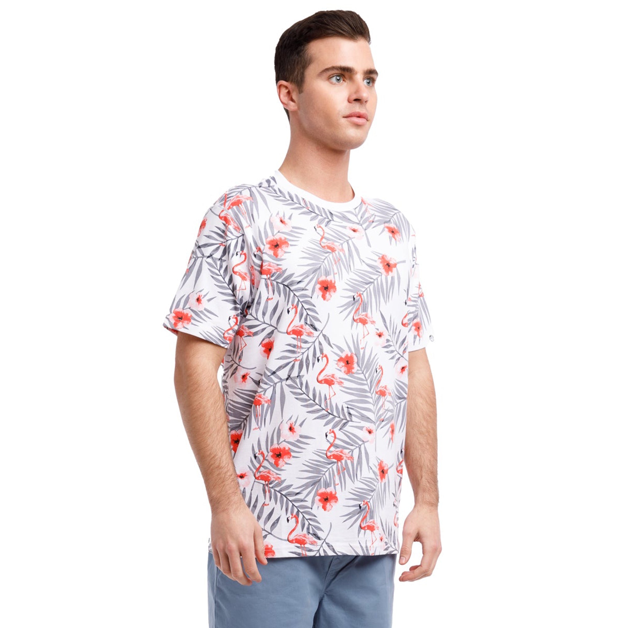 Printed Stretch Short Sleeve Crew Neck Tee | Flamingo Paradise