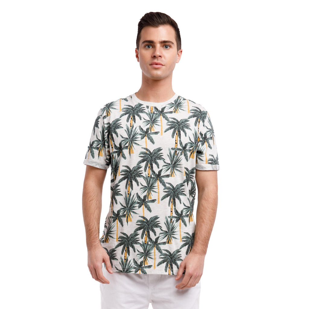 Organic Heather Short Sleeve Printed Crew Neck Tee | Tropical Palms
